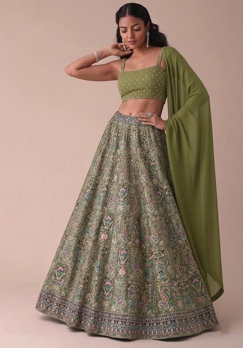 Green Printed Handwork Lehenga Set