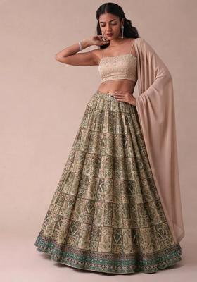 Cream Printed Handwork Lehenga Set