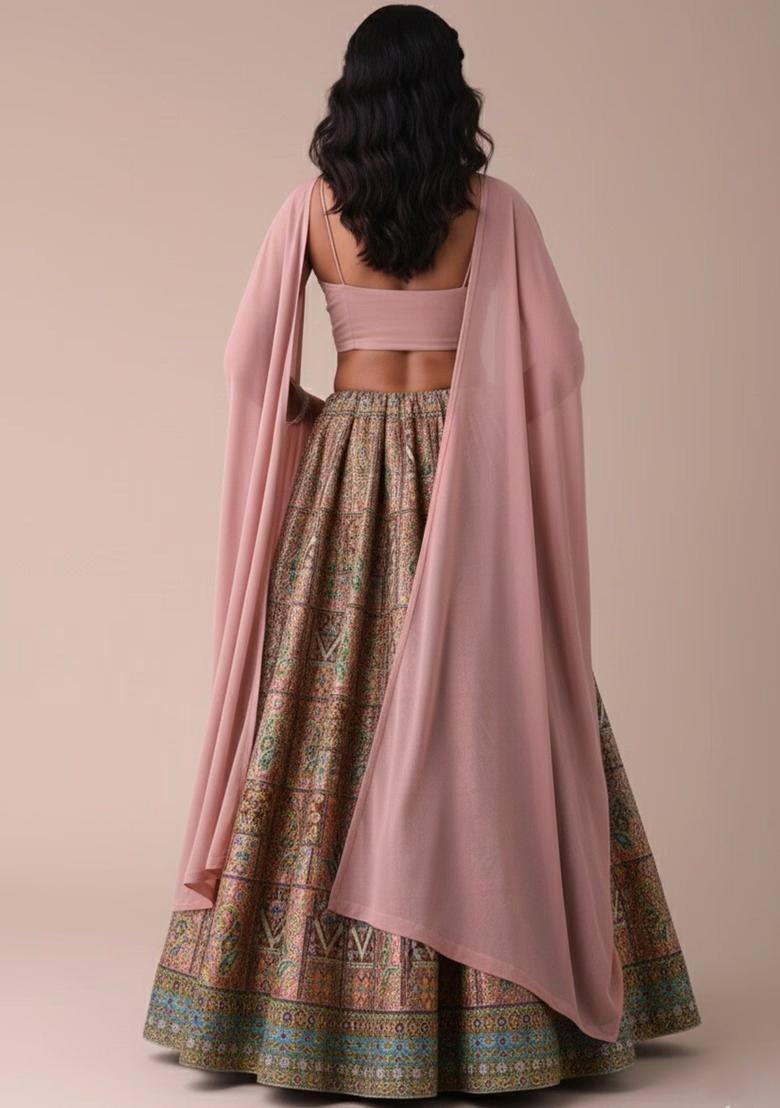 Pink Printed Handwork Lehenga Set - Indya