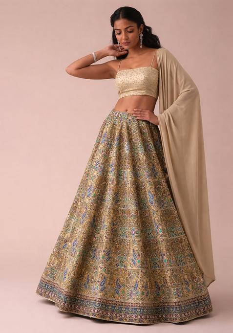 Beige Printed Handwork Lehenga Set