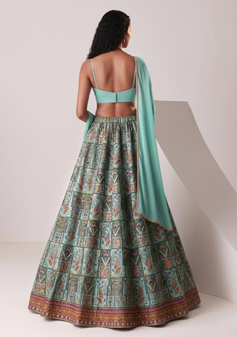 Powder Blue Printed Handwork Lehenga Set - Indya
