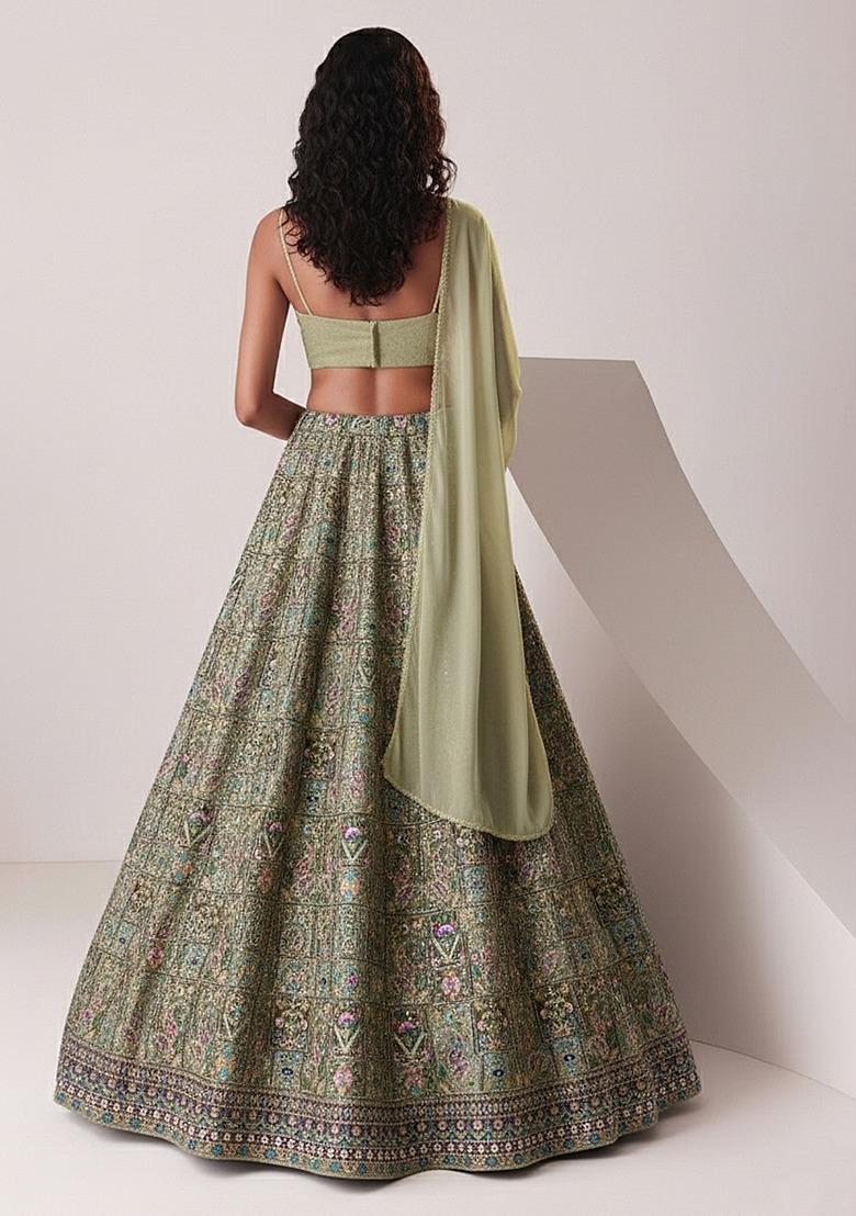 Green Printed Handwork Lehenga Set - Indya