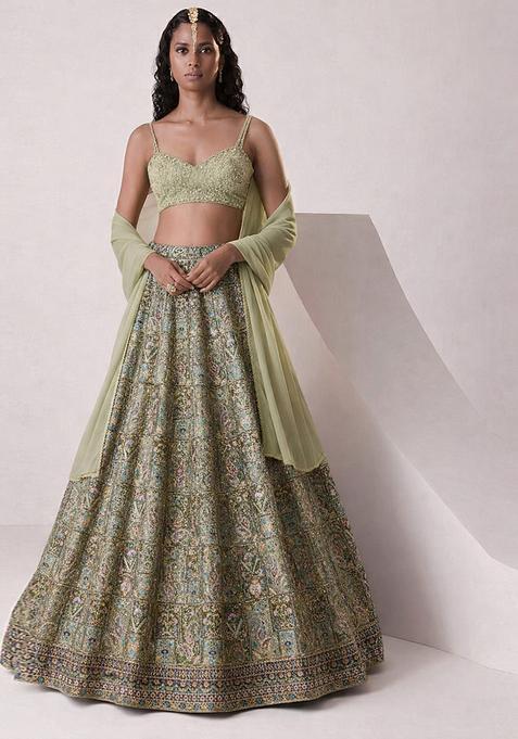Green Printed Handwork Lehenga Set