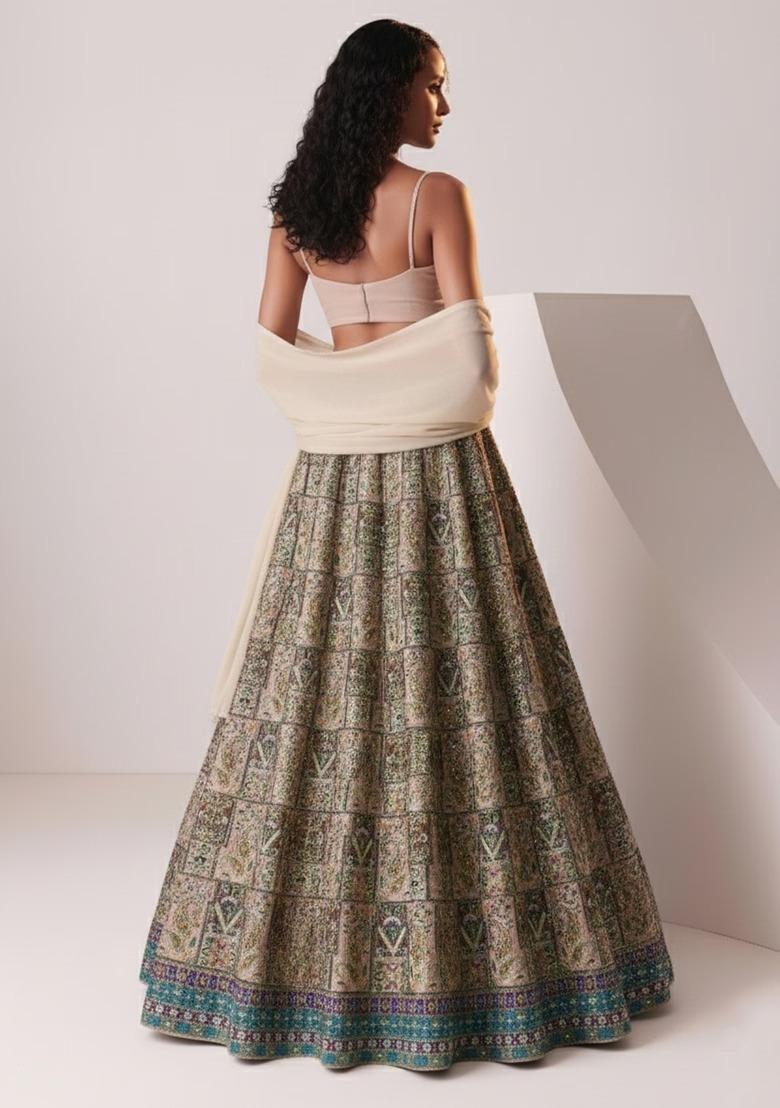 Cream Printed Handwork Lehenga Set - Indya