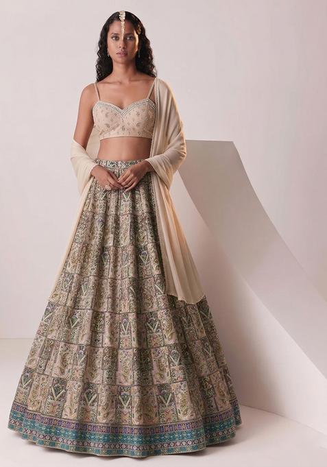 Cream Printed Handwork Lehenga Set
