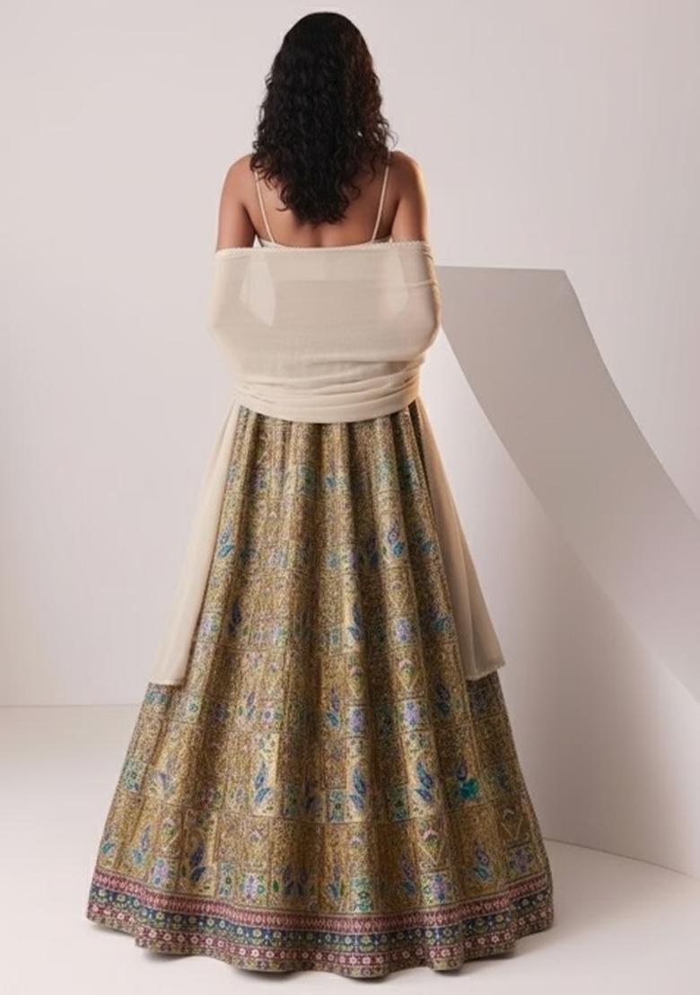 Beige Printed Handwork Lehenga Set - Indya