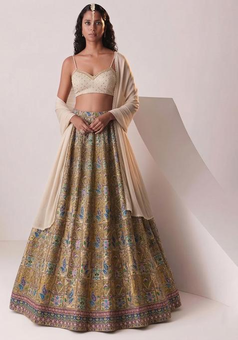 Beige Printed Handwork Lehenga Set