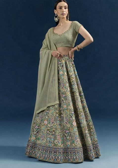 Sage Green Printed Handwork Lehenga Set