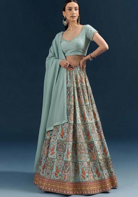 Blue Printed Handwork Lehenga Set