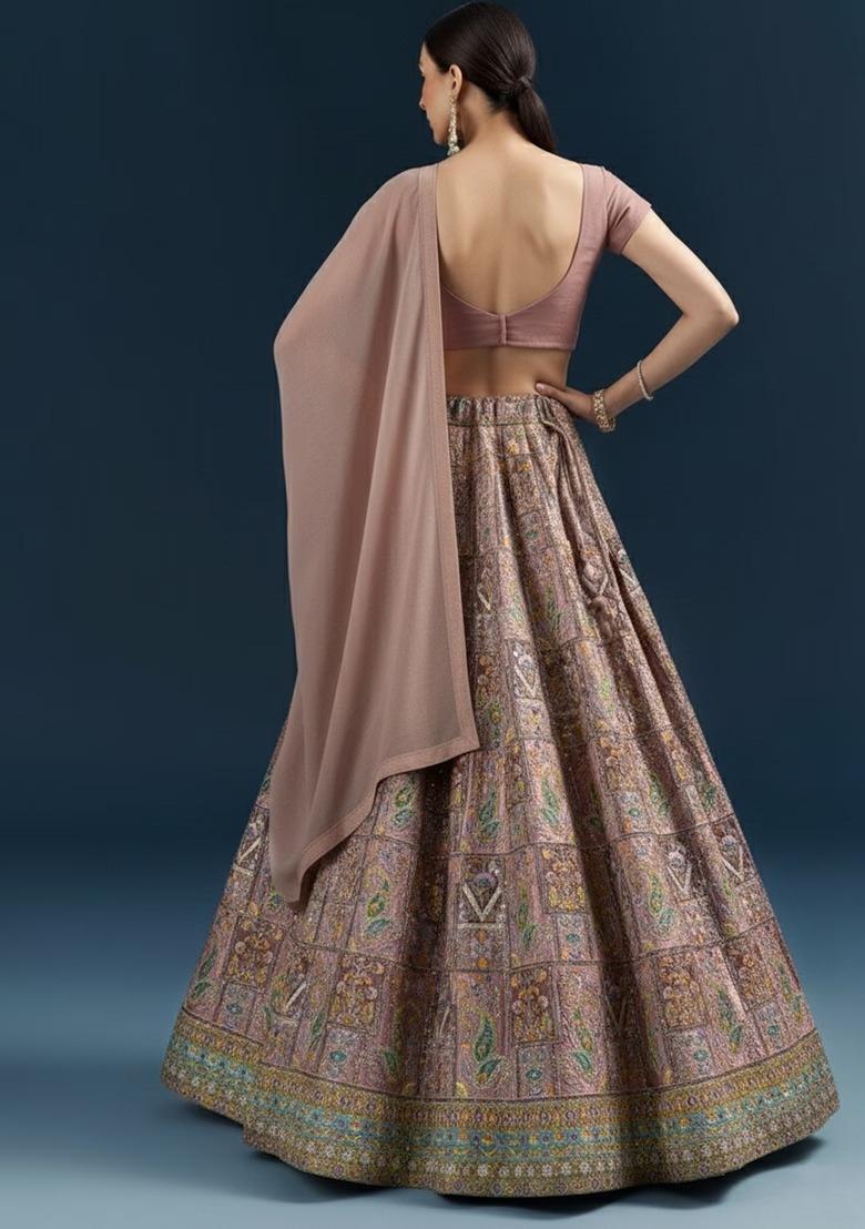 Mauve Printed Handwork Lehenga Set - Indya