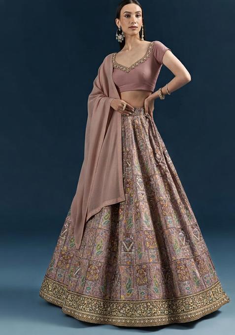 Mauve Printed Handwork Lehenga Set