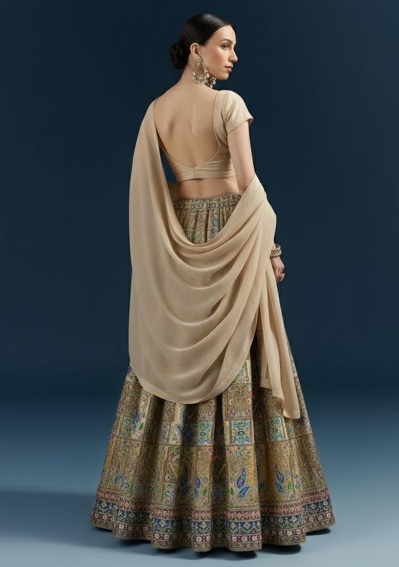 Beige Printed Handwork Lehenga Set - Indya