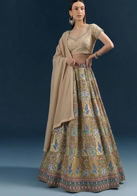 Beige Printed Handwork Lehenga Set