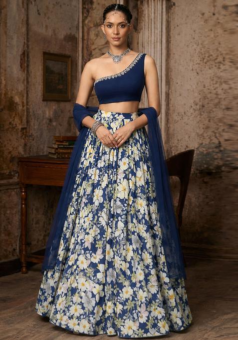 Navy Blue Printed Handwork Lehenga Set