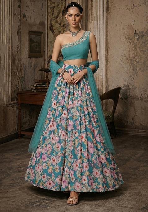 Blue Printed Handwork Lehenga Set