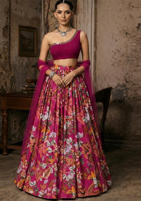 Magenta Printed Handwork Lehenga Set