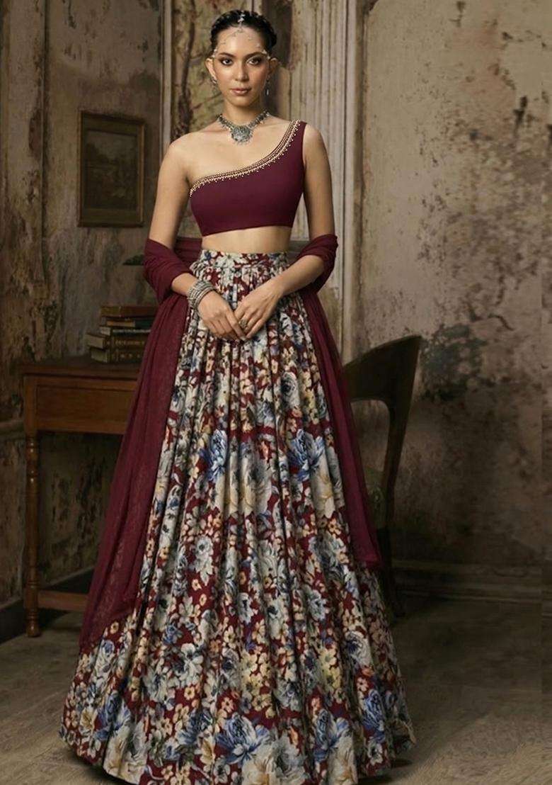 Wine Printed Handwork Lehenga Set - Indya