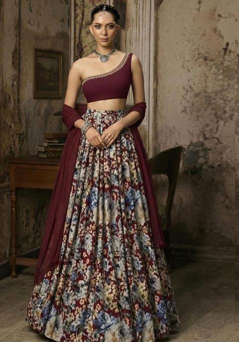 Wine Printed Handwork Lehenga Set
