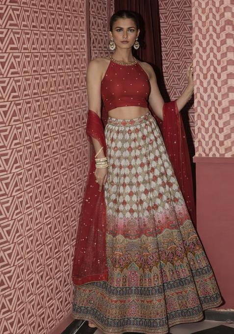 Maroon Printed Handwork Lehenga Set