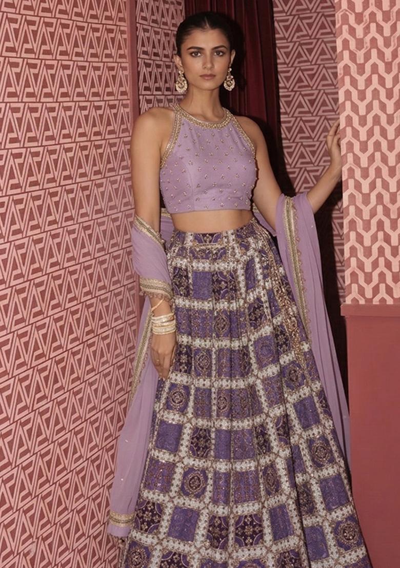 Purple Printed Handwork Lehenga Set - Indya