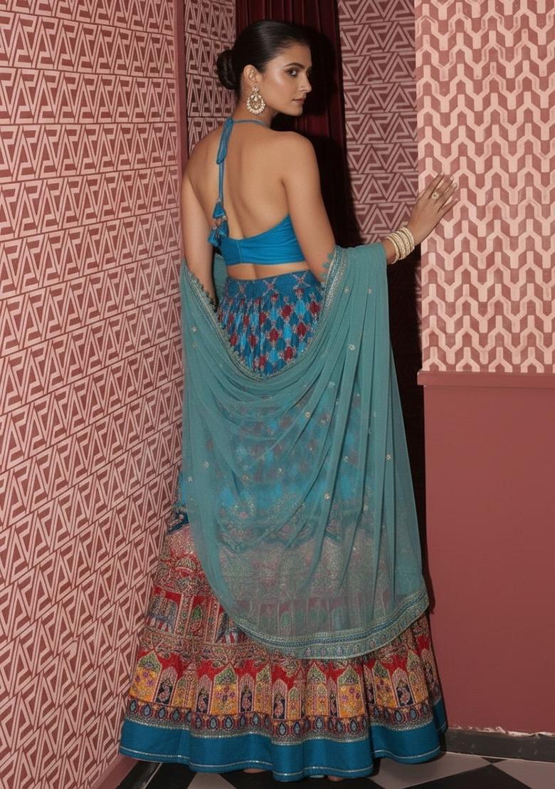 Blue Printed Handwork Lehenga Set - Indya