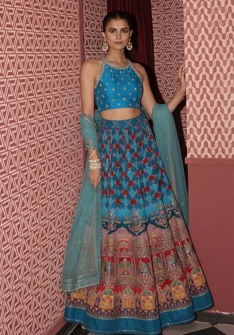 Blue Printed Handwork Lehenga Set