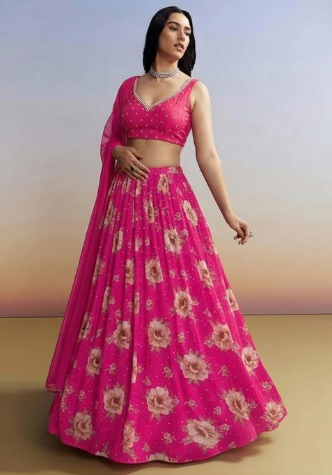 Magenta Pink Embroidered Handwork Lehenga Set