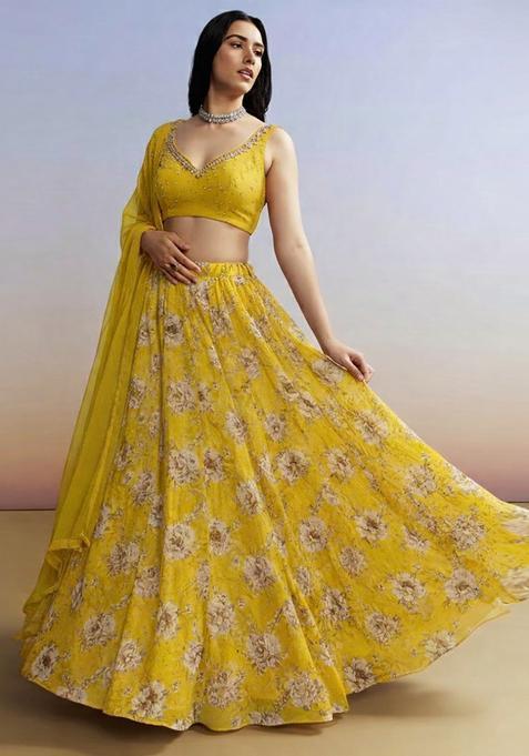 Mustard Yellow Embroidered Handwork Lehenga Set