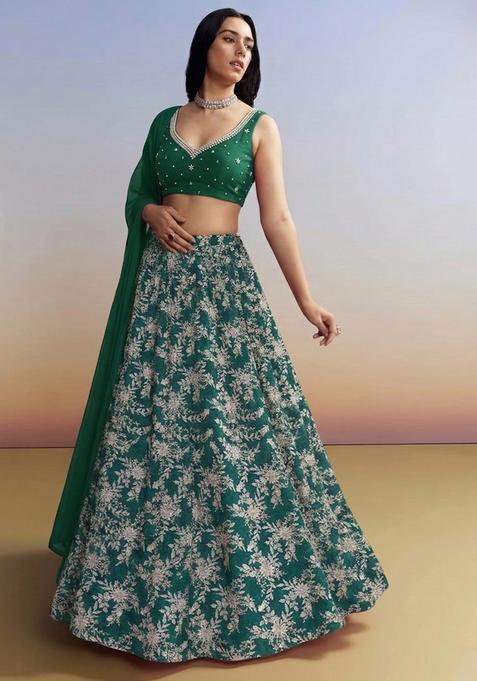 Emerald Green Embroidered Handwork Lehenga Set