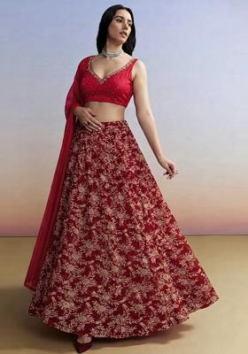 Dark Red Embroidered Handwork Lehenga Set