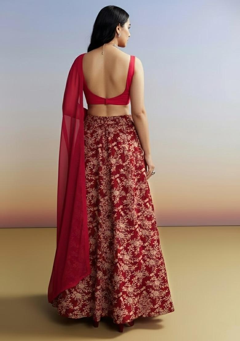 Dark Red Embroidered Handwork Lehenga Set - Indya