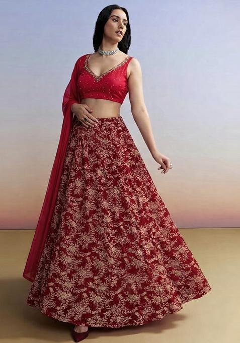 Dark Red Embroidered Handwork Lehenga Set