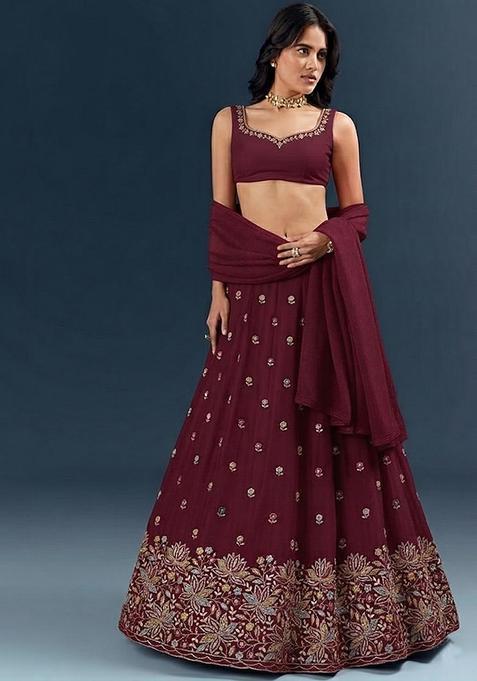 Maroon Embroidered Handwork Lehenga Set