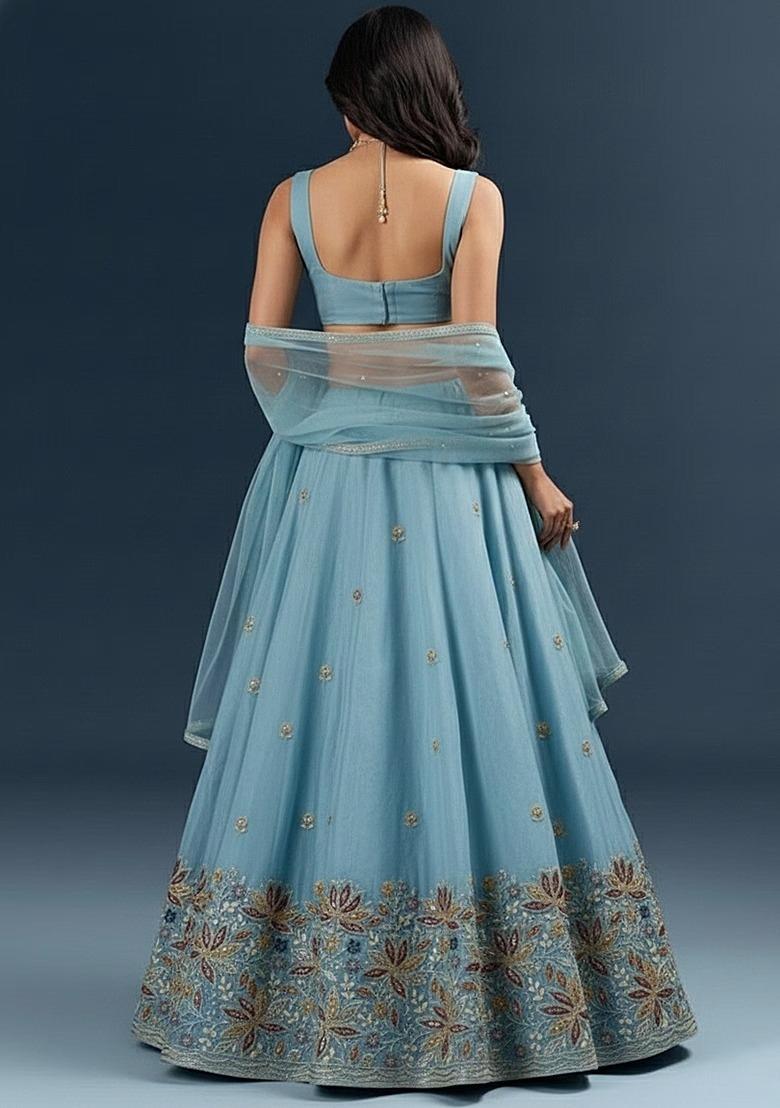Sky Blue Embroidered Handwork Lehenga Set - Indya