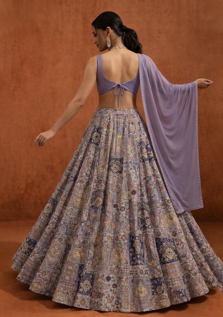 Lavender Printed Handwork Lehenga Set - Indya