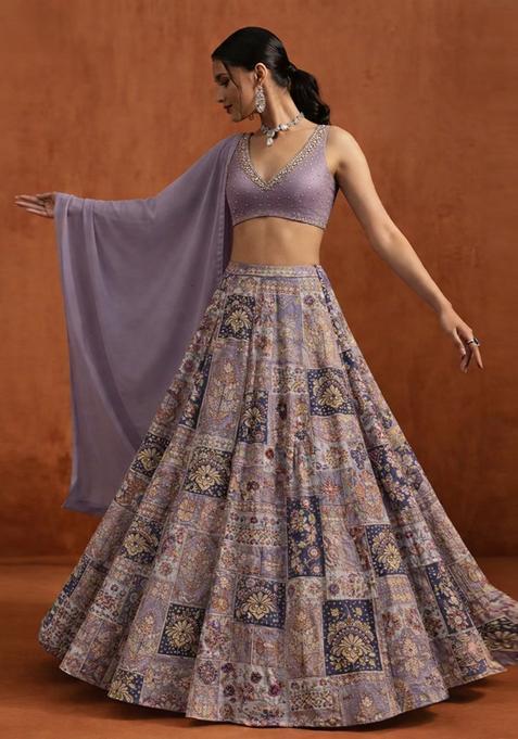 Lavender Printed Handwork Lehenga Set