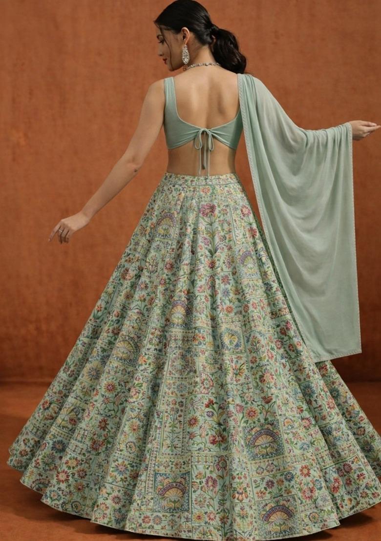 Mint Green Printed Handwork Lehenga Set - Indya