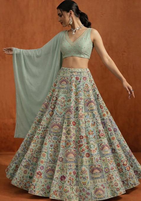 Mint Green Printed Handwork Lehenga Set