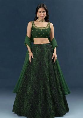 Bottle Green Embroidered Handwork Lehenga Set