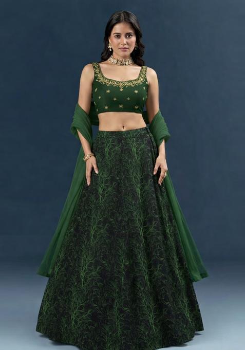 Bottle Green Embroidered Handwork Lehenga Set