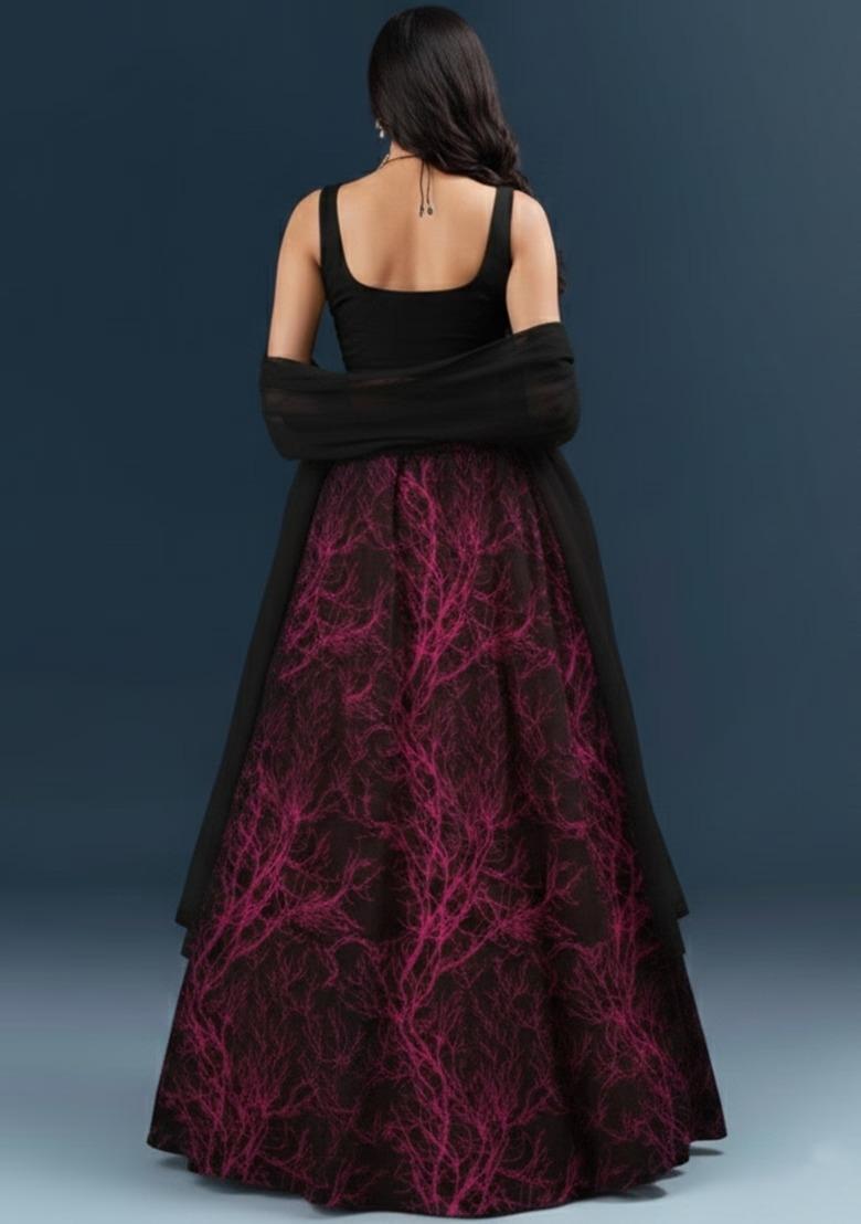Magenta Embroidered Handwork Lehenga Set - Indya