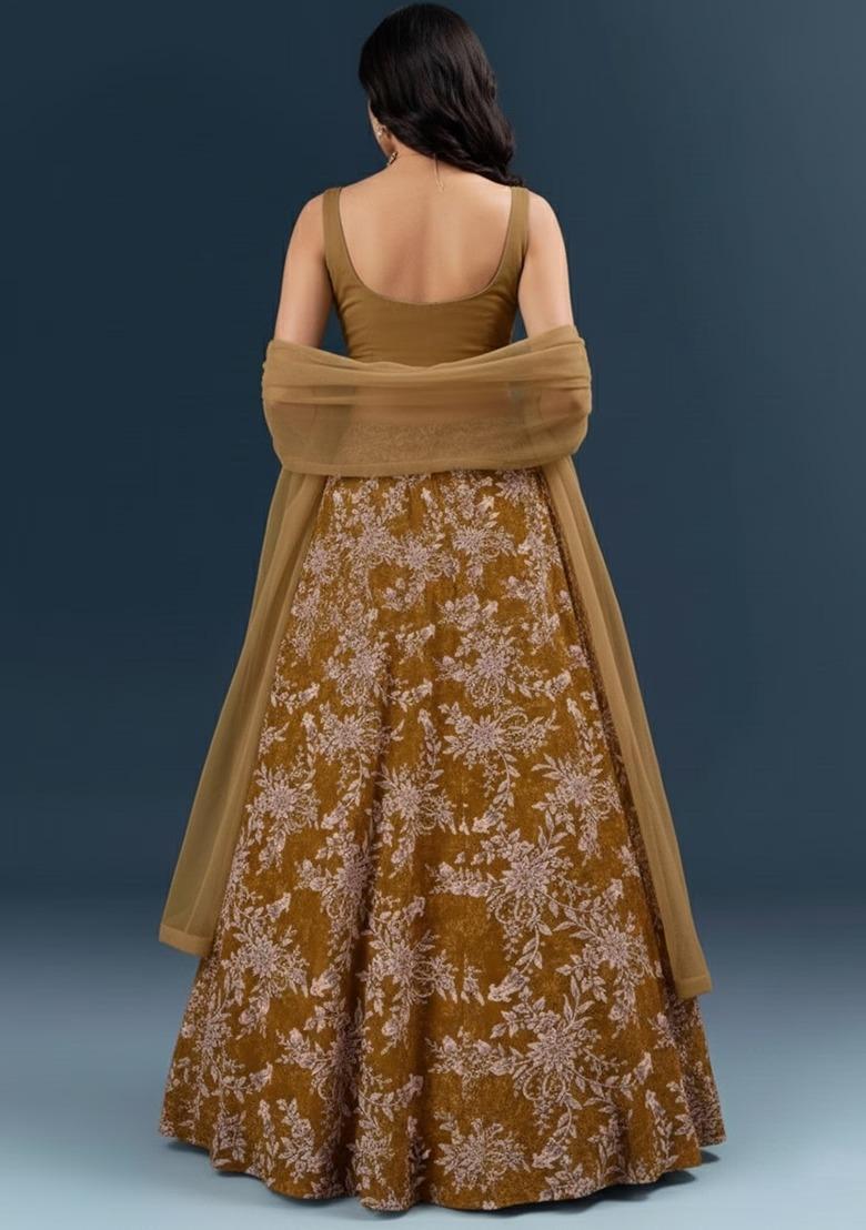Mustard Gold Embroidered Handwork Lehenga Set - Indya