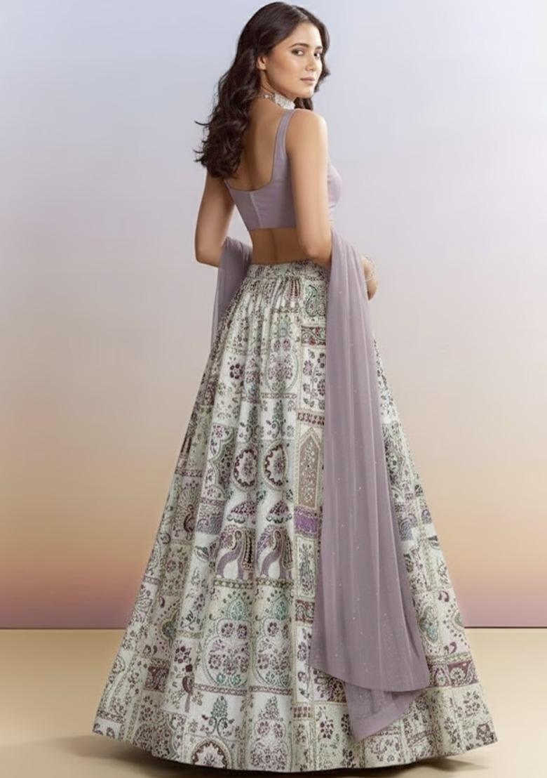 Lavender Printed Handwork Lehenga Set - Indya