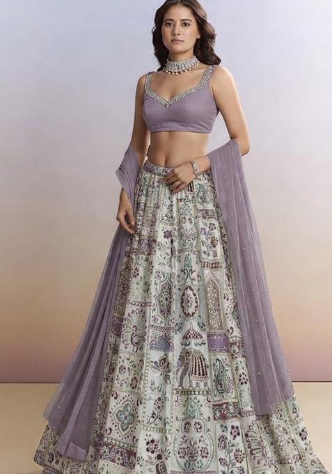 Lavender Printed Handwork Lehenga Set