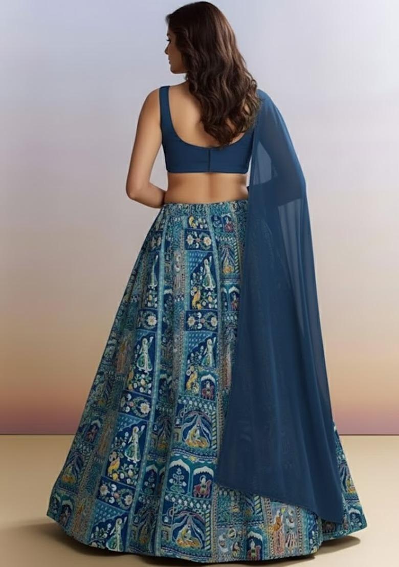 Teal Blue Printed Handwork Lehenga Set - Indya