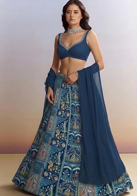 Teal Blue Printed Handwork Lehenga Set