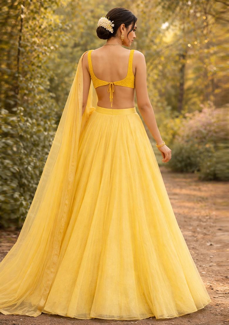Pastel Yellow Embellished Lehenga Set - Indya