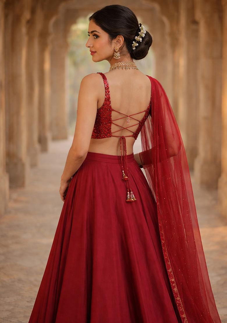 Maroon Embellished Lehenga Set - Indya