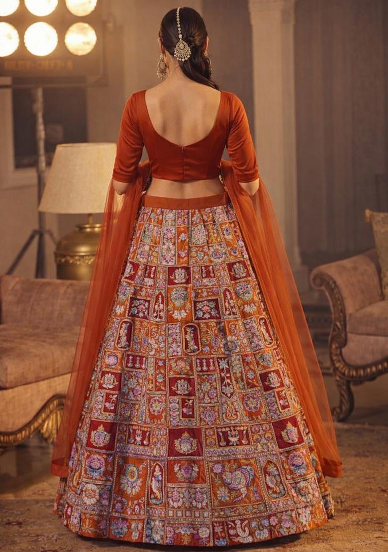Burnt Orange Printed Crepe Lehenga Set - Indya