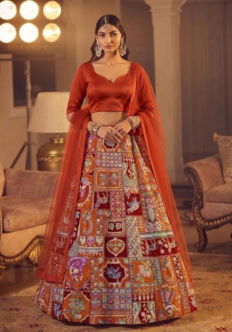 Burnt Orange Printed Crepe Lehenga Set
